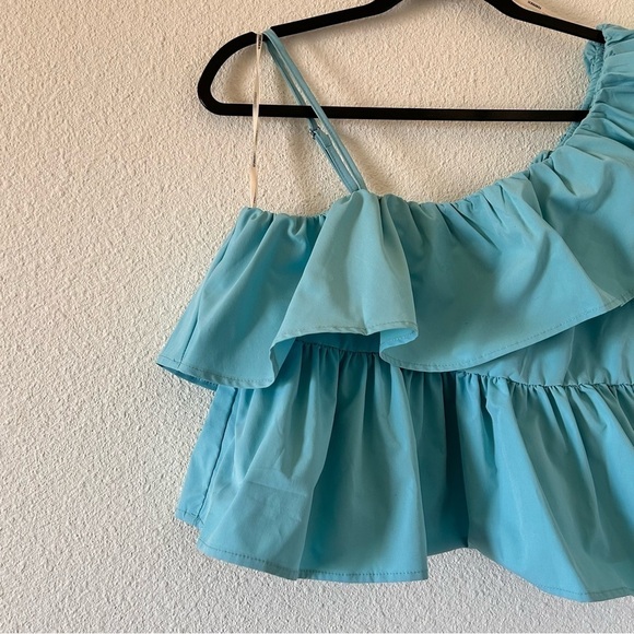 Forever 21 Women Ruffle Top Large NWT Peplum One Shoulder Puff Sleeve Turquoise - Picture 3 of 7